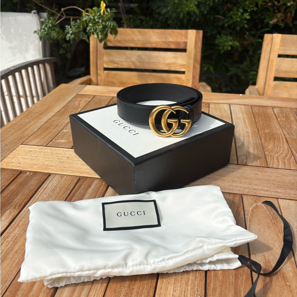 Gucci Black And Gold Leather Belt With Iconic Double G Buckle